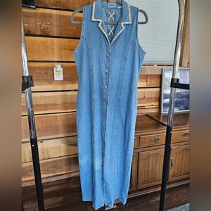 True Blue Denim Lace Trim Full Button-Front Dress Stagecoach Sz Med Butter Mom